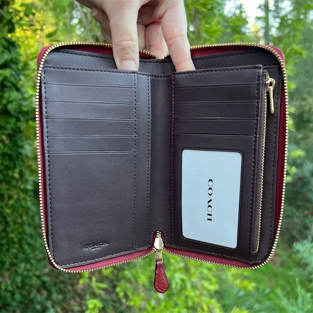 COACH Women's Medium Id Zip-Around Wallet Burgundy Pebbled Leather - Picture 3 of 8